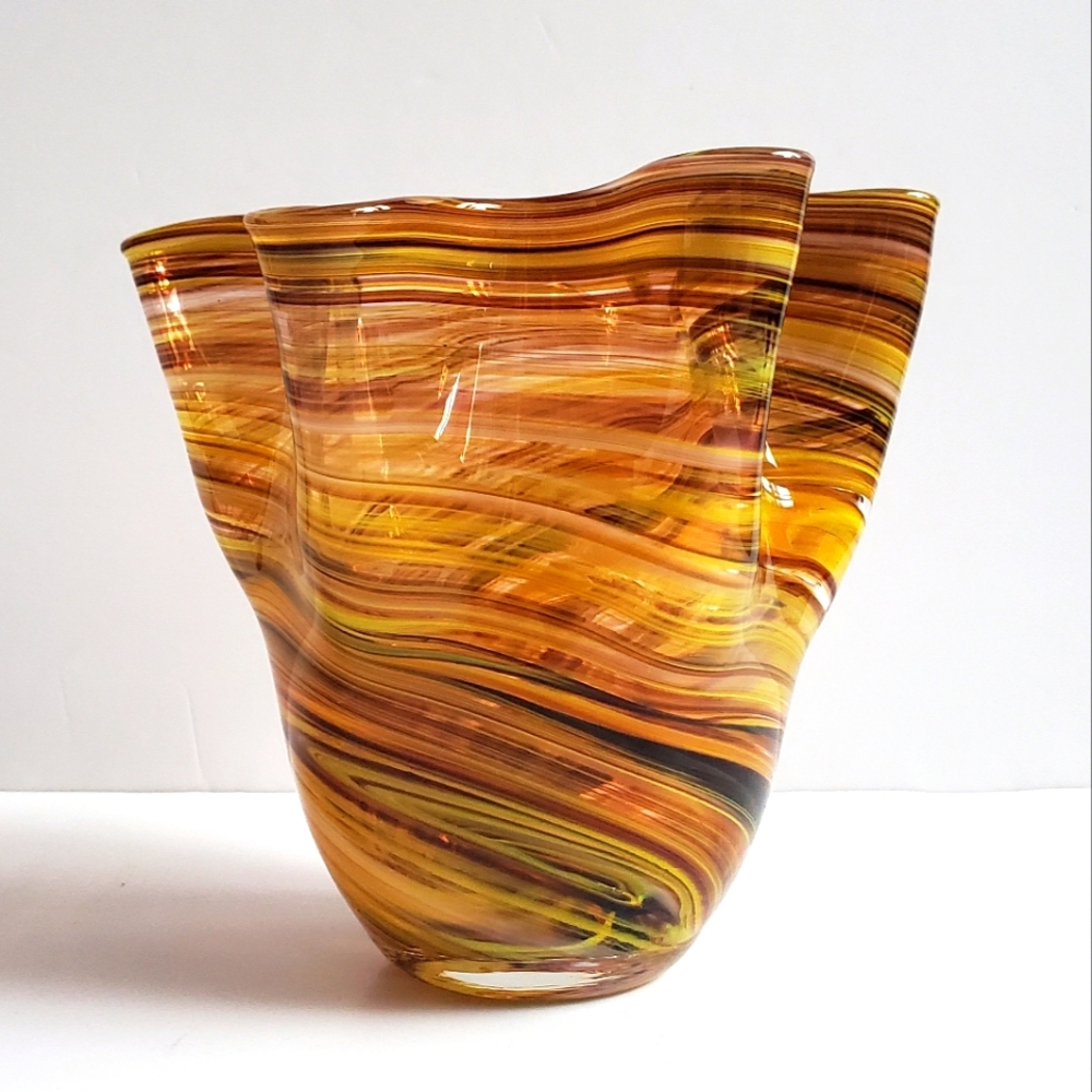 Rare * VTG MURANO Ruffled Edge Vase Handkerchief Amber Glass Multi-colour Swirls